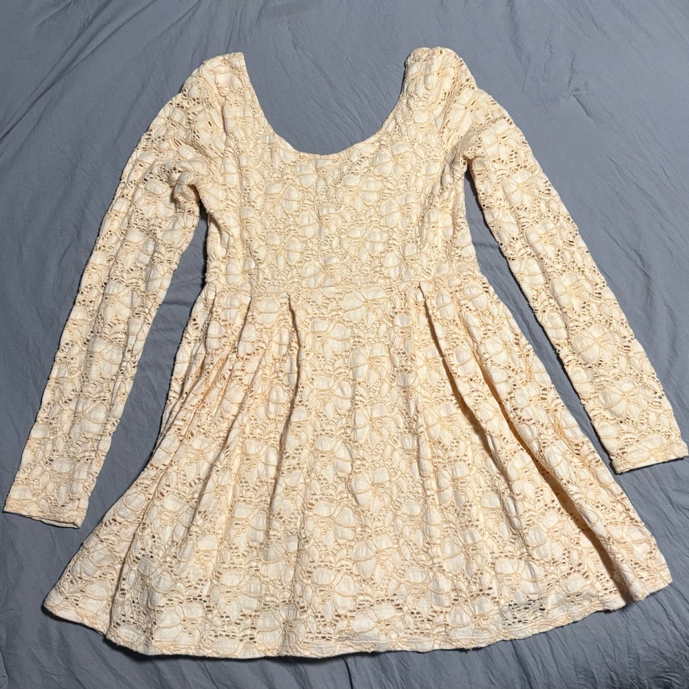 Free People Ivory Cream Lace Long Sleeve Mini Dress Boho Scoop Back Size M